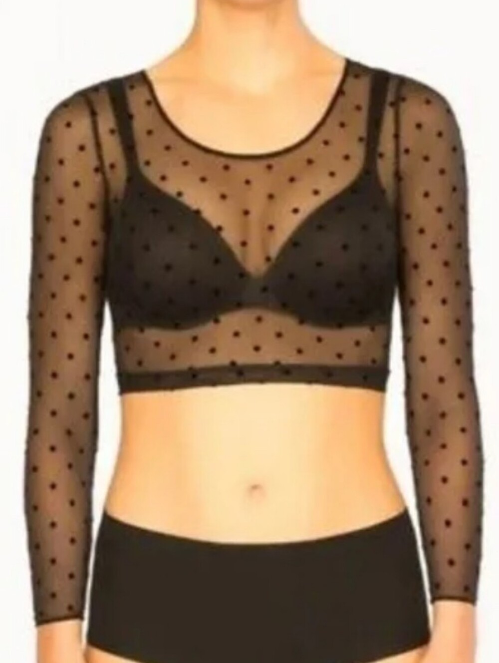 SPANX Black Sheer Mesh Polka Dot Long Sleeve Crop Top